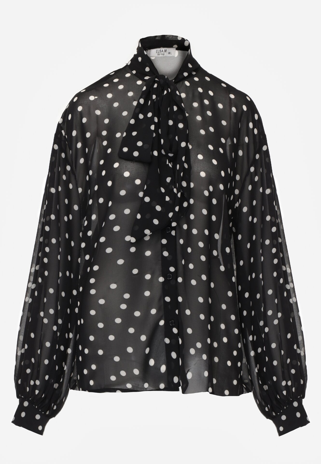 Czarna Półtransparentna Koszula w Groszki z Wiązaniem z Wiskozy i Bawełny Iamine