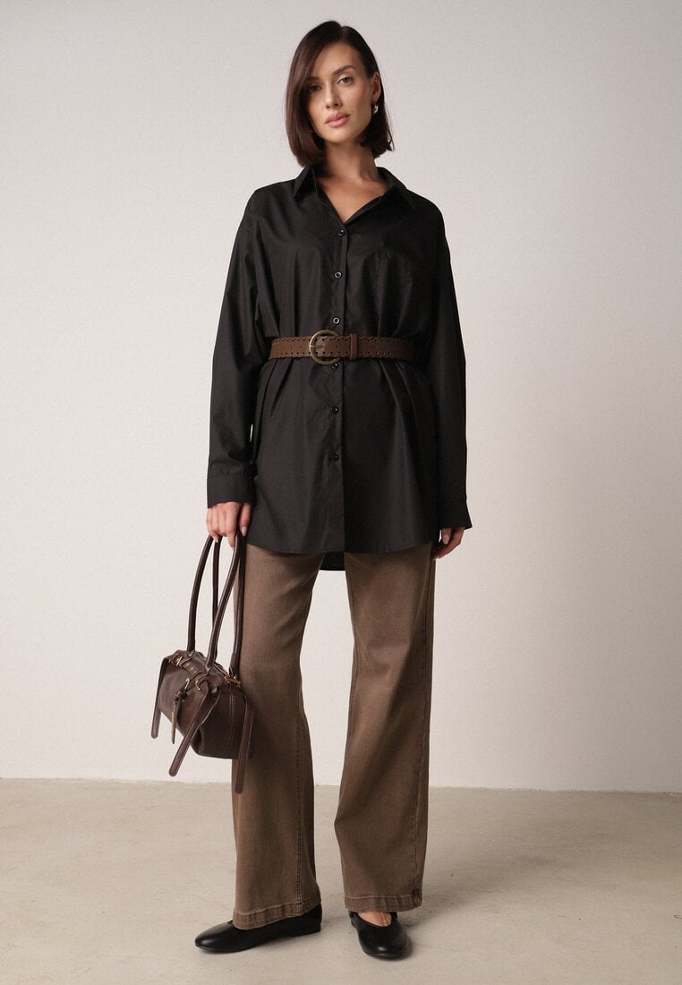 Czarna Długa Koszula Oversize z Bawełny i Wiskozy z Paskiem z Klamrą Thessalonike