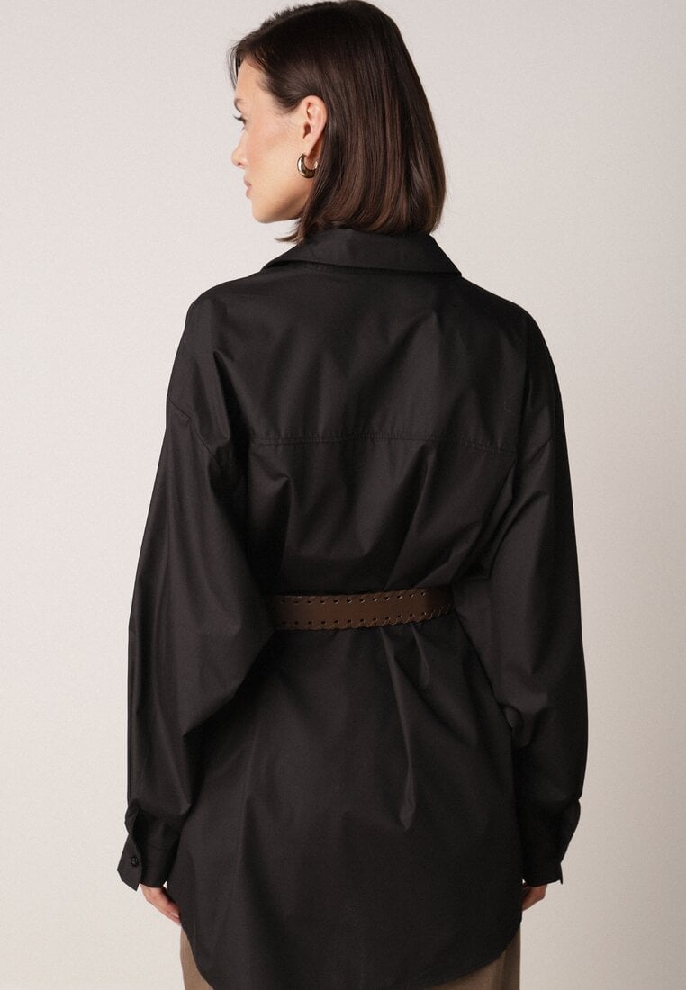 Czarna Długa Koszula Oversize z Bawełny i Wiskozy z Paskiem z Klamrą Thessalonike
