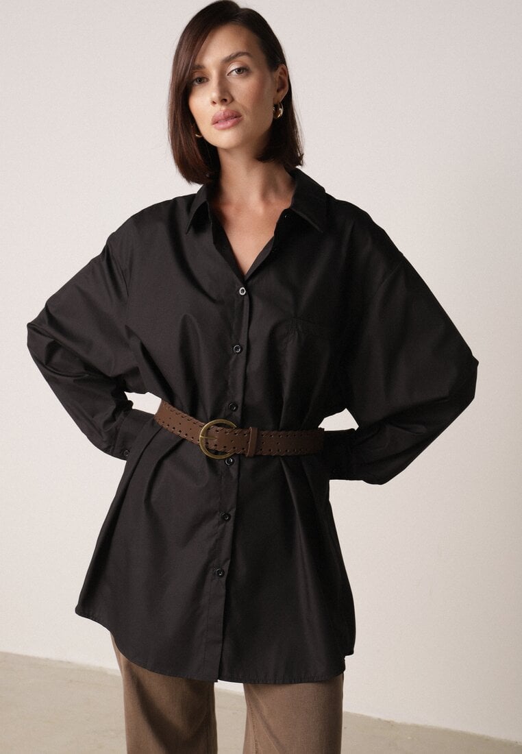 Czarna Długa Koszula Oversize z Bawełny i Wiskozy z Paskiem z Klamrą Thessalonike