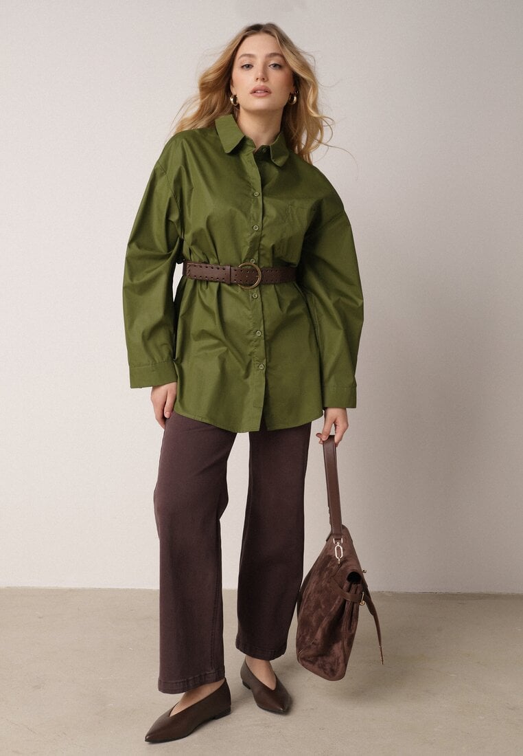 Zielona Długa Koszula Oversize z Bawełny i Wiskozy z Paskiem z Klamrą Thessalonike
