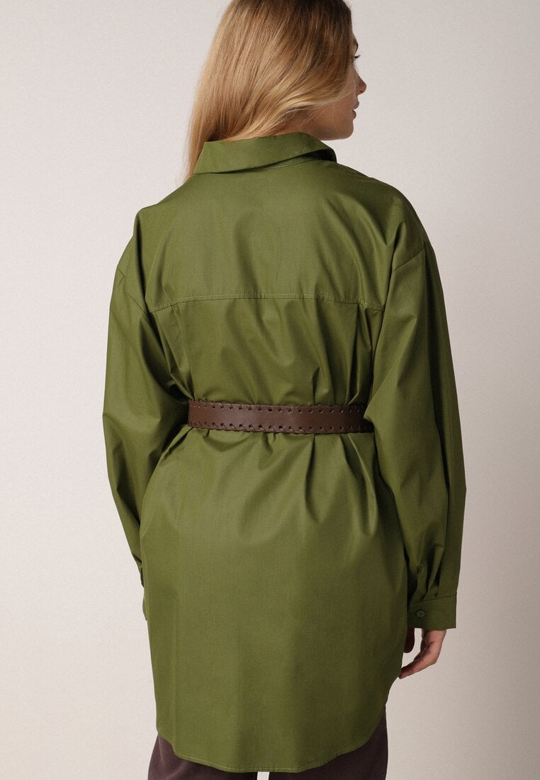 Zielona Długa Koszula Oversize z Bawełny i Wiskozy z Paskiem z Klamrą Thessalonike