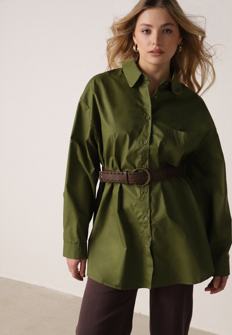 Zielona Długa Koszula Oversize z Bawełny i Wiskozy z Paskiem z Klamrą Thessalonike