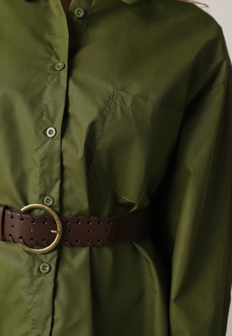 Zielona Długa Koszula Oversize z Bawełny i Wiskozy z Paskiem z Klamrą Thessalonike