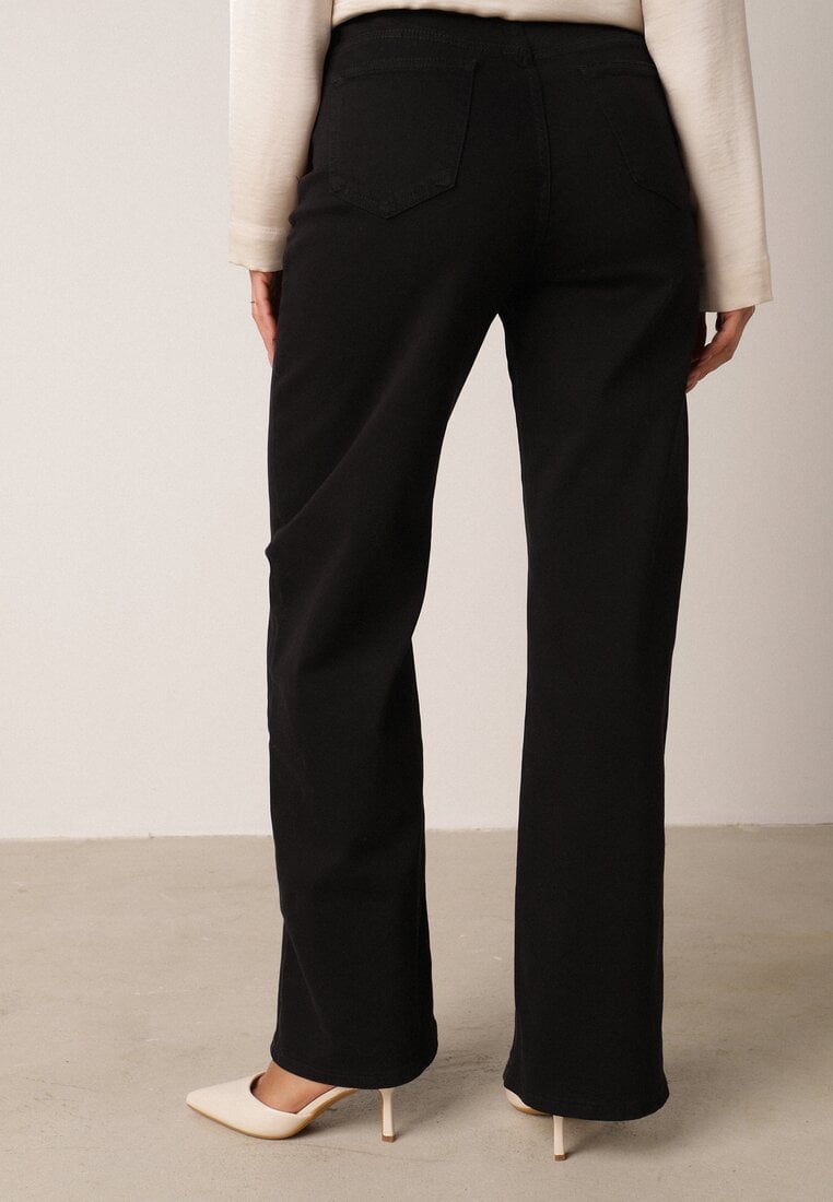 Czarne Bawełniane Spodnie Wide Leg z Wysokim Stanem Genime