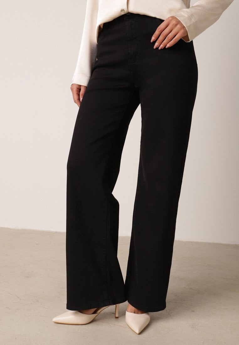Czarne Bawełniane Spodnie Wide Leg z Wysokim Stanem Genime