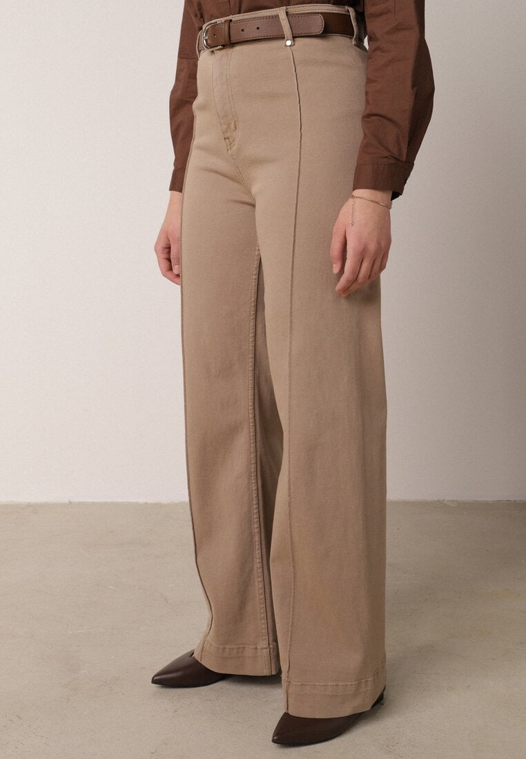 Beżowe Szerokie Jeansy z Bawełny z Wysokim Stanem i Pionowymi Przeszyciami Keperise