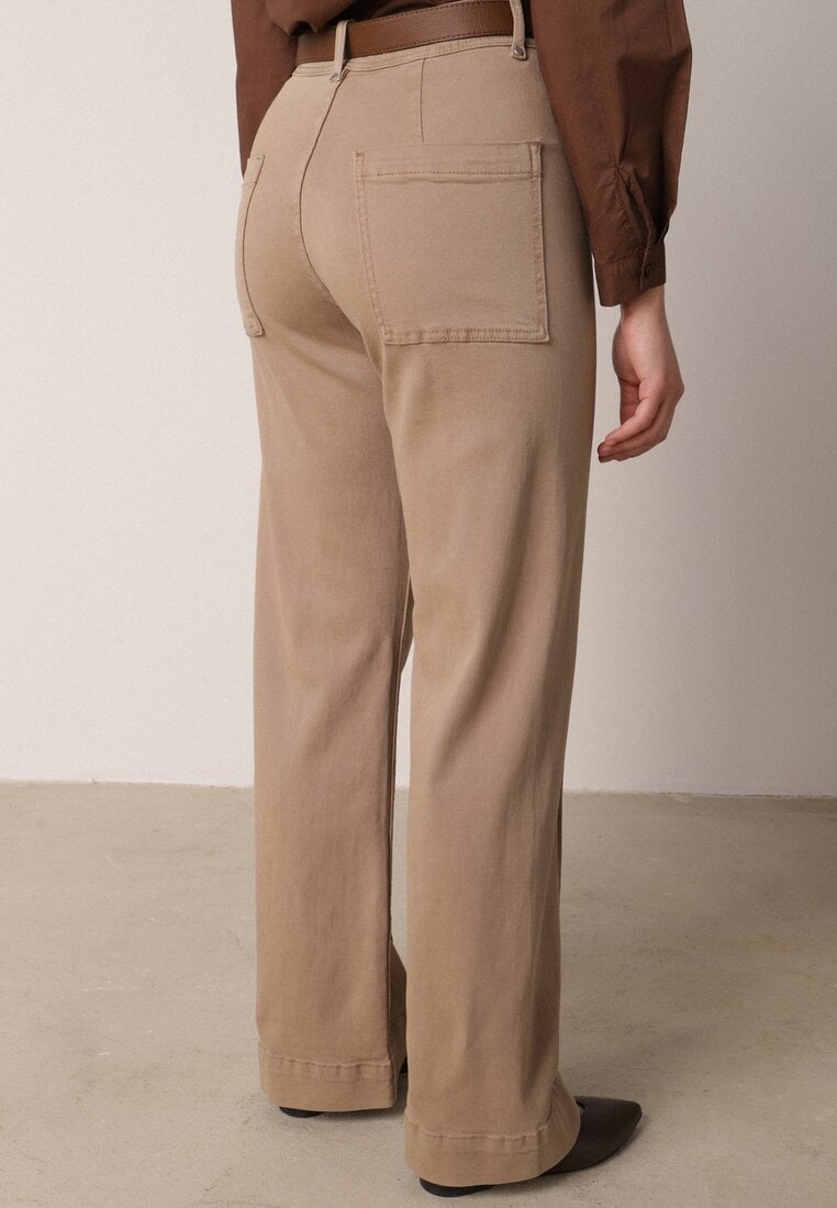 Beżowe Szerokie Jeansy z Bawełny z Wysokim Stanem i Pionowymi Przeszyciami Keperise