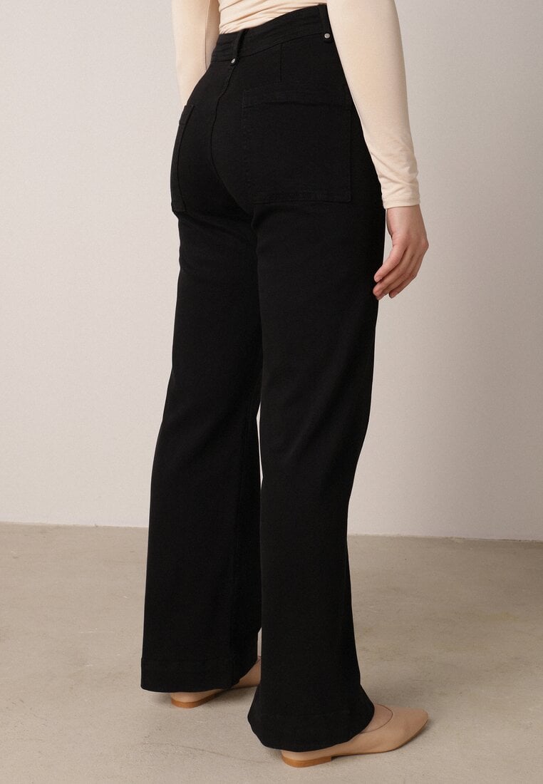 Czarne Bawełniane Jeansy o Szerokim Kroju z Wysokim Stanem Nethea
