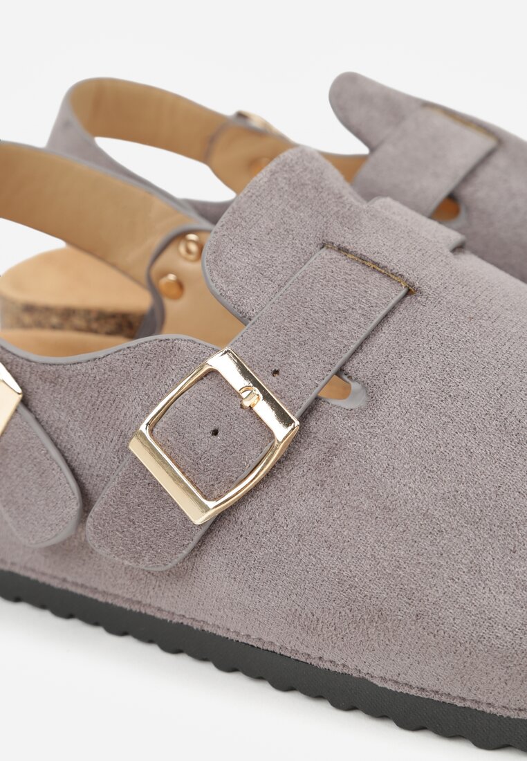 Szare Sandały w Stylu Chodaków Ozdobione Klamrami Qyrraya