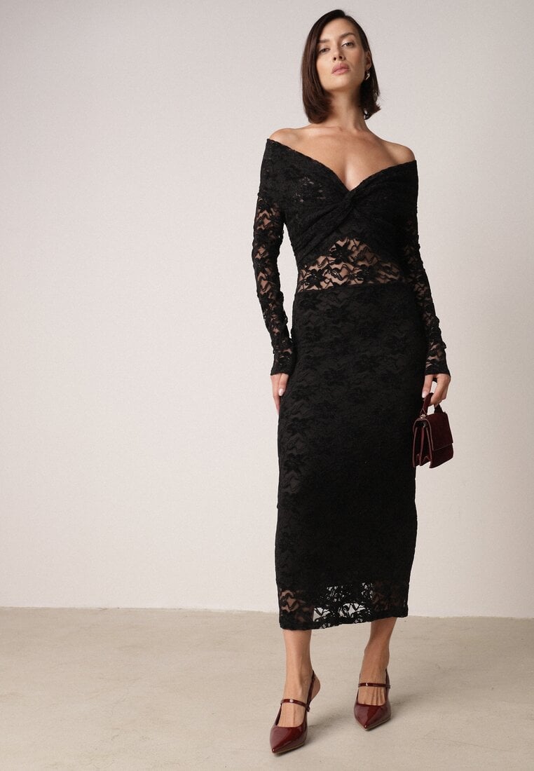 Czarna Dopasowana Sukienka Koronkowa z Odkrytymi Ramionami i Węzłem Serehaneh