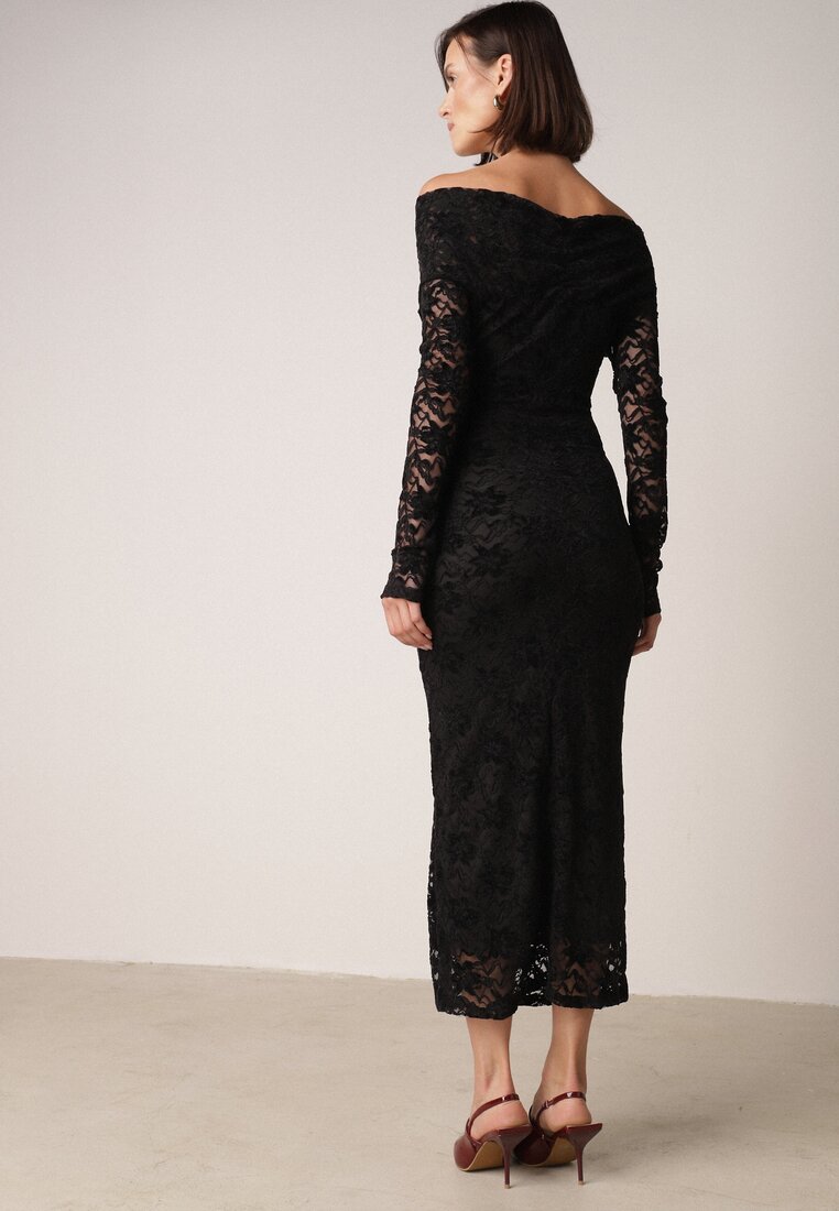 Czarna Dopasowana Sukienka Koronkowa z Odkrytymi Ramionami i Węzłem Serehaneh