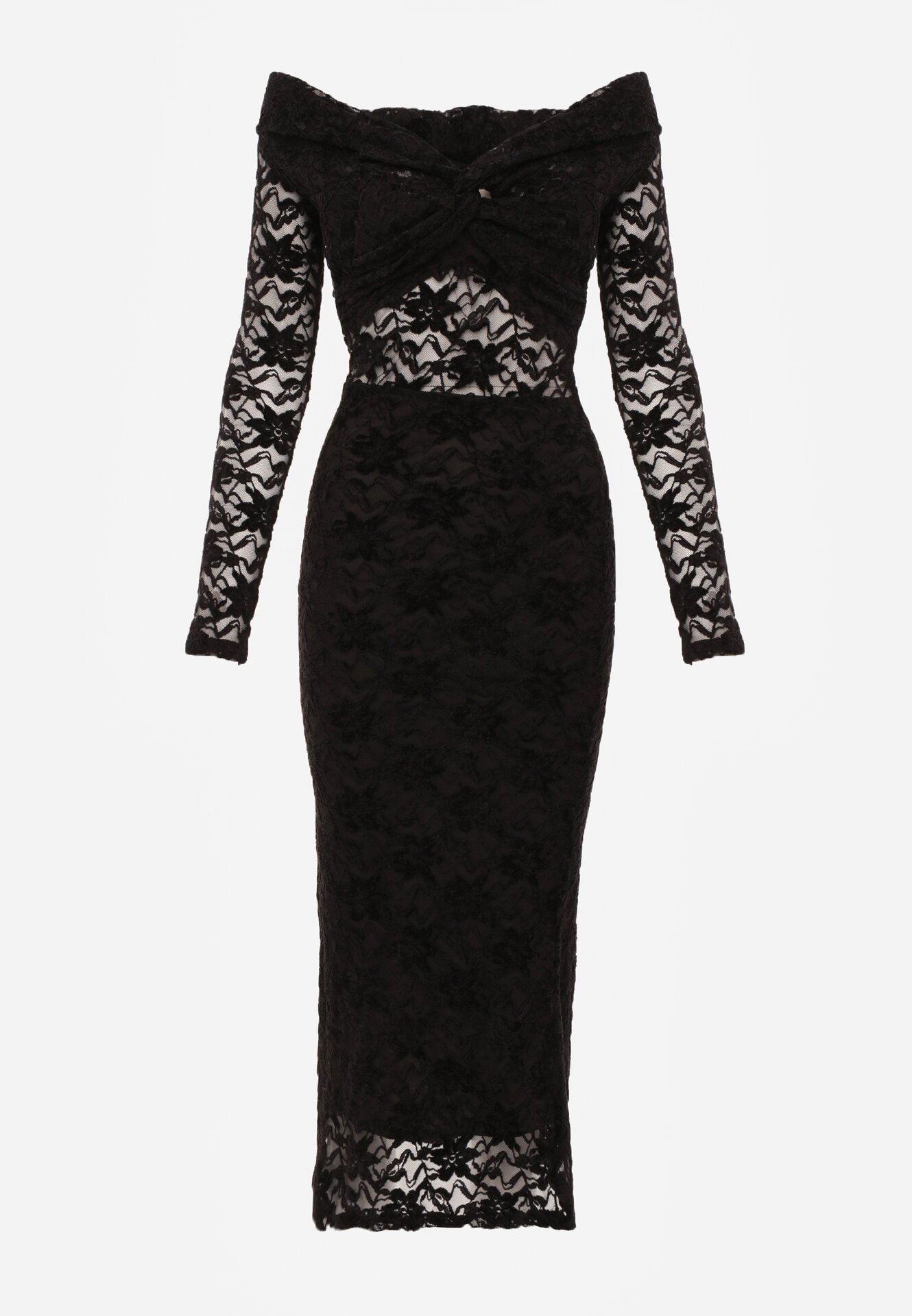 Czarna Dopasowana Sukienka Koronkowa z Odkrytymi Ramionami i Węzłem Serehaneh