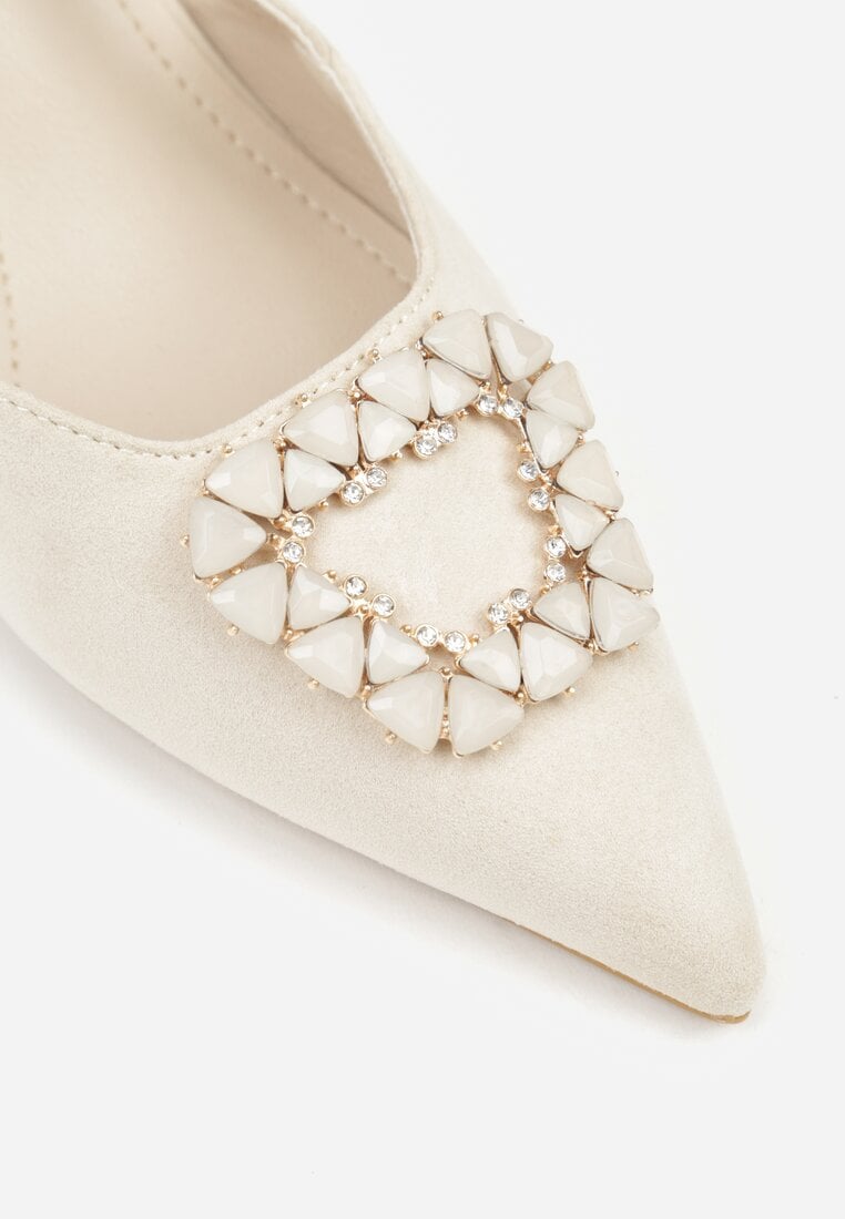 Jasnobeżowe Sandały na Szpilce z Cyrkoniową Klamrą Elinvyra