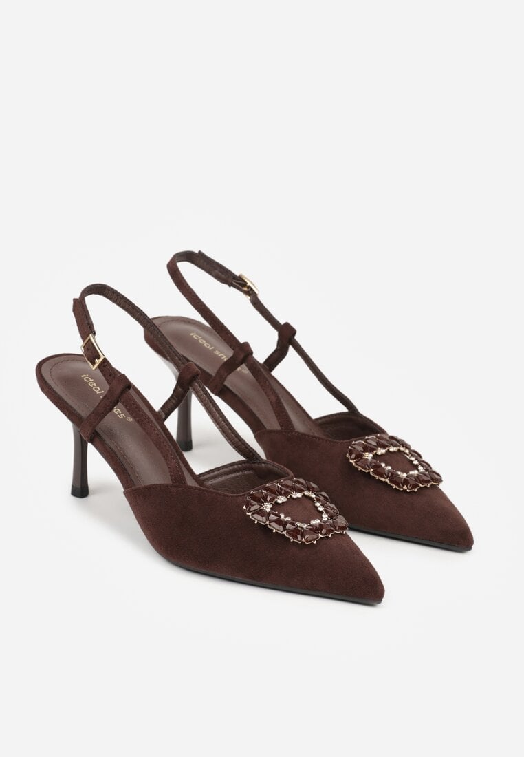 Brązowe Sandały na Szpilce z Cyrkoniową Klamrą Elinvyra