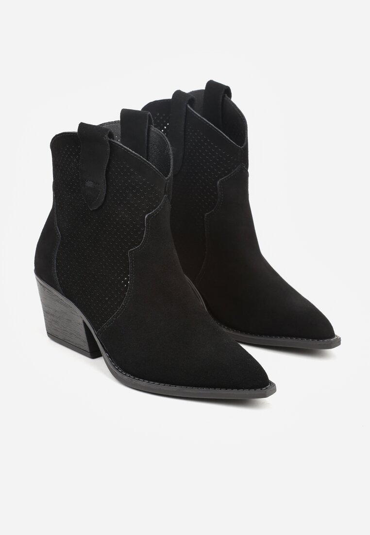 Czarne Skórzane Botki Kowbojki na Stożkowym Obcasie Elinyra