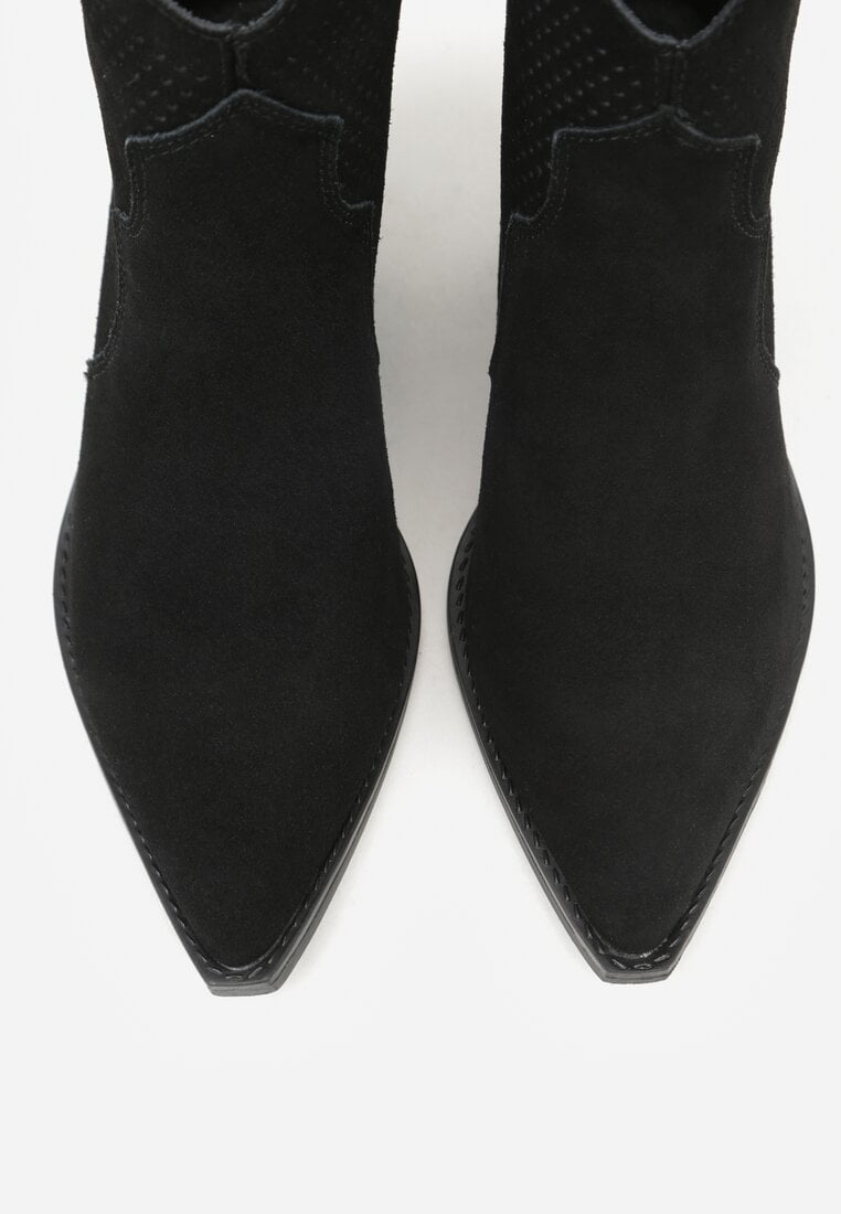 Czarne Skórzane Botki Kowbojki na Stożkowym Obcasie Elinyra