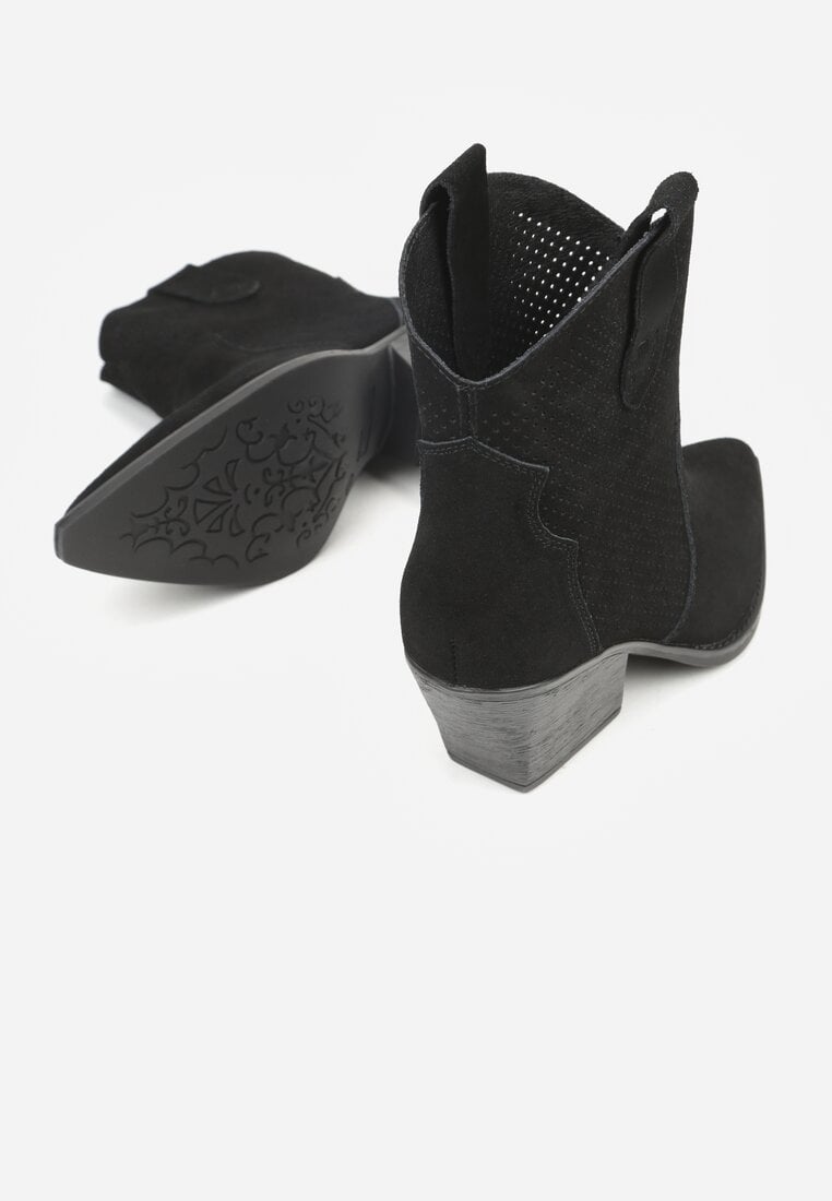Czarne Skórzane Botki Kowbojki na Stożkowym Obcasie Elinyra