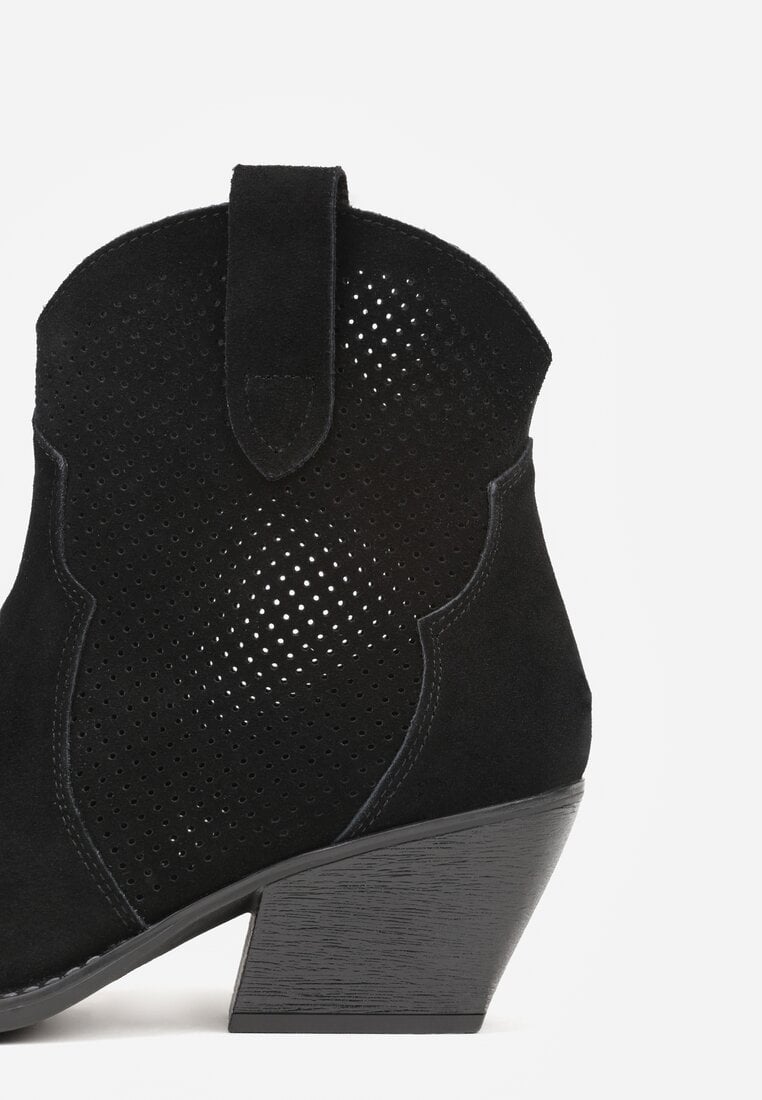 Czarne Skórzane Botki Kowbojki na Stożkowym Obcasie Elinyra