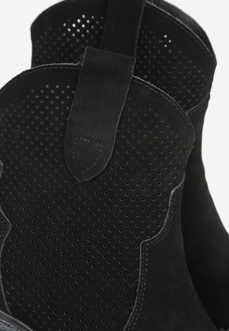 Czarne Skórzane Botki Kowbojki na Stożkowym Obcasie Elinyra