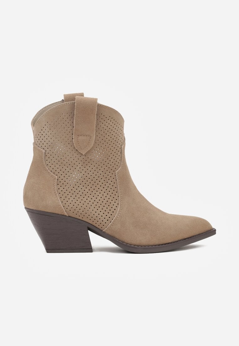 Ciemnobeżowe Skórzane Botki Kowbojki na Stożkowym Obcasie Elinyra
