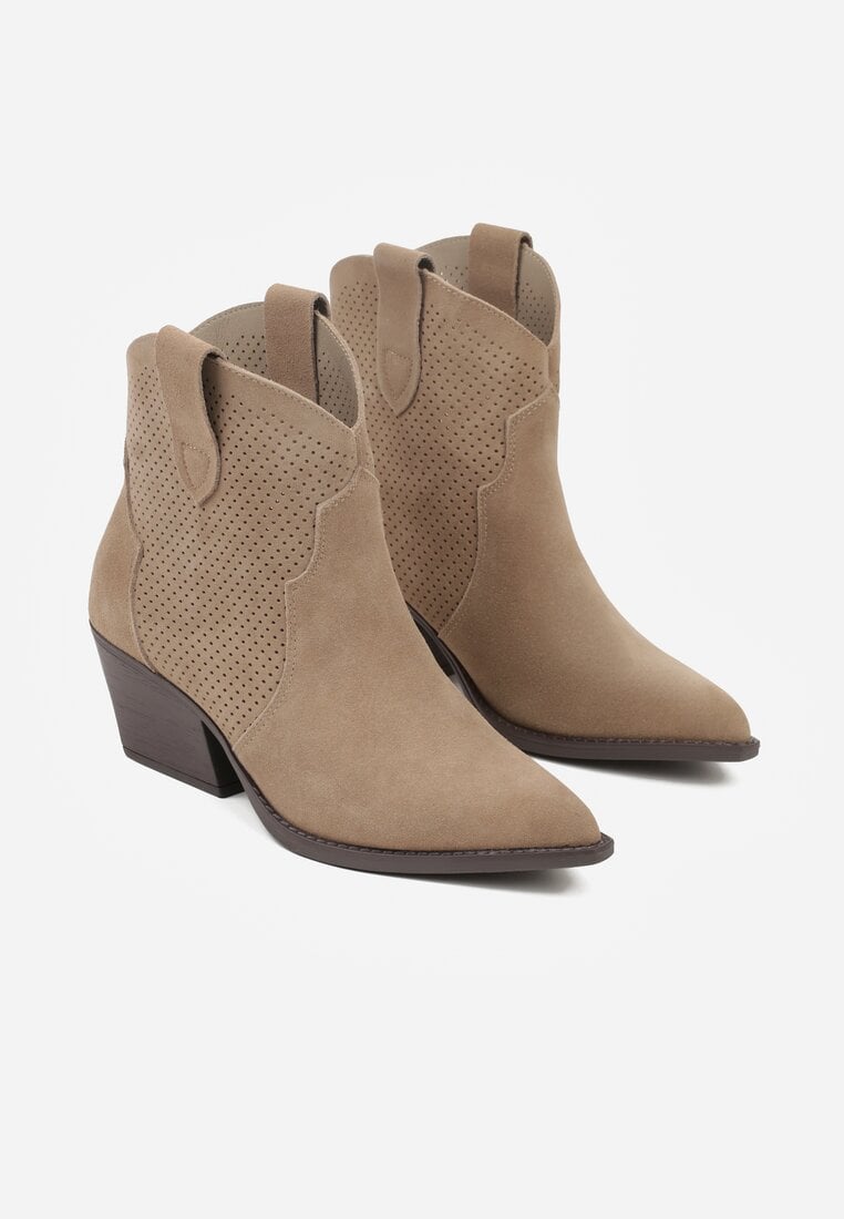 Ciemnobeżowe Skórzane Botki Kowbojki na Stożkowym Obcasie Elinyra