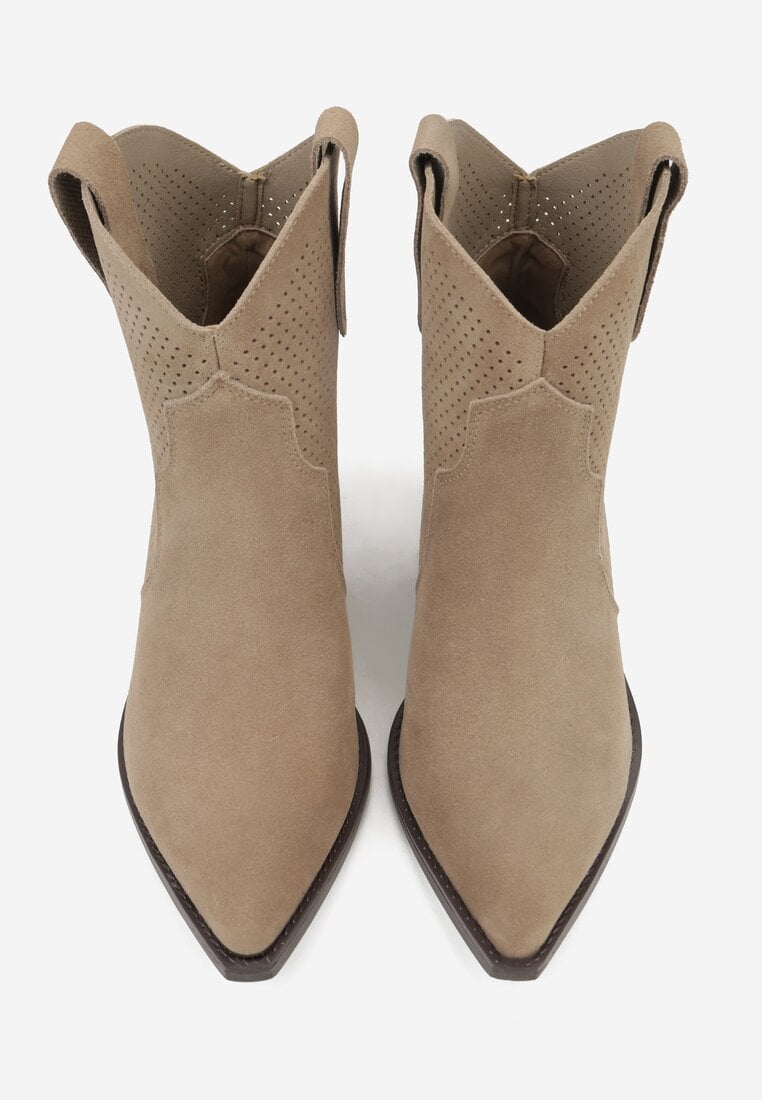 Ciemnobeżowe Skórzane Botki Kowbojki na Stożkowym Obcasie Elinyra