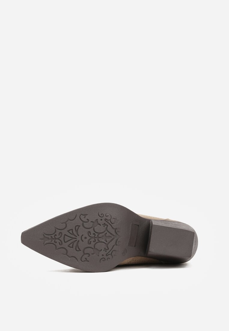 Ciemnobeżowe Skórzane Botki Kowbojki na Stożkowym Obcasie Elinyra