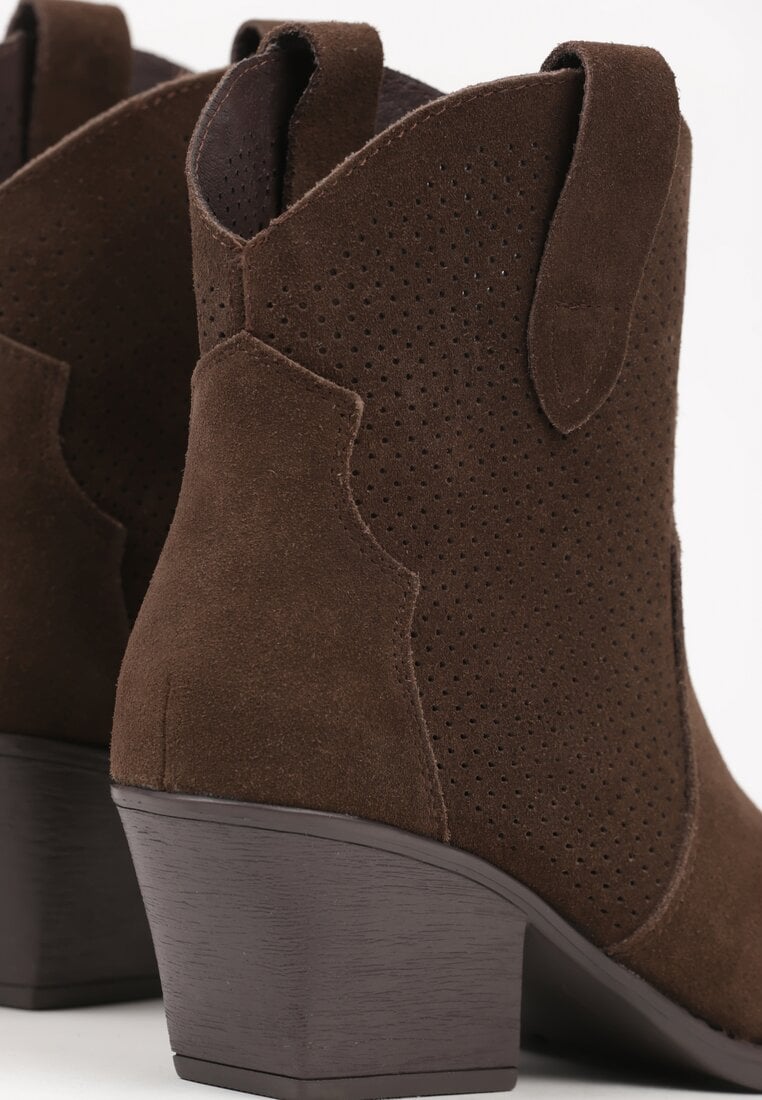 Ciemnobrązowe Skórzane Botki Kowbojki na Stożkowym Obcasie Elinyra