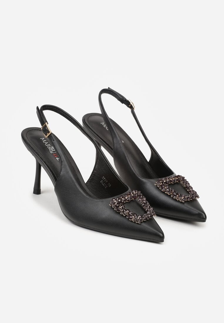 Czarne Sandały na Szpilce z Cyrkoniową Klamrą Starstone