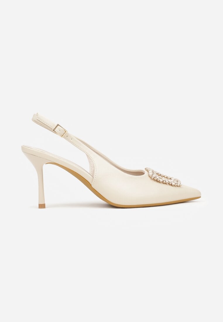 Beżowe Sandały na Szpilce z Cyrkoniową Klamrą Starstone