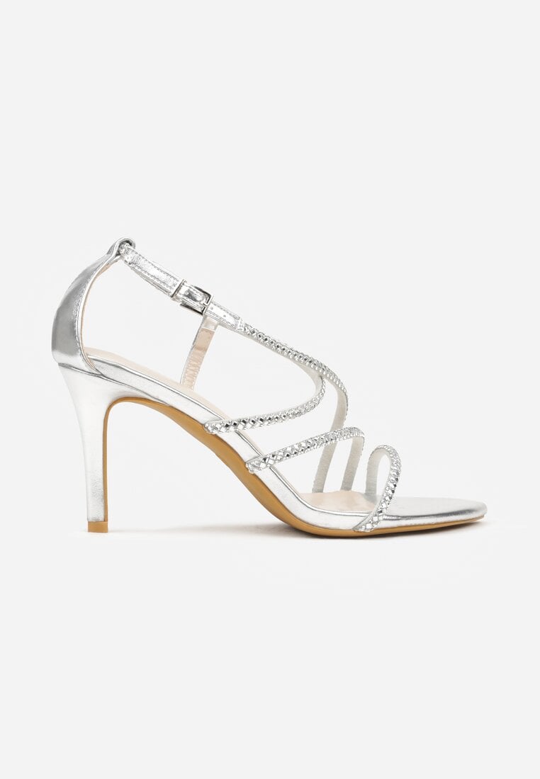 Srebrne Sandały na Szpilce Ozdobione Cyrkoniami Thelmia