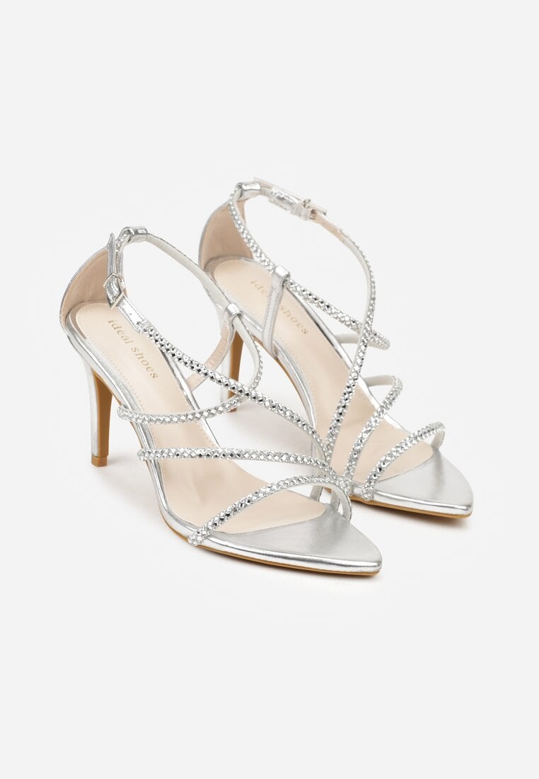 Srebrne Sandały na Szpilce Ozdobione Cyrkoniami Thelmia