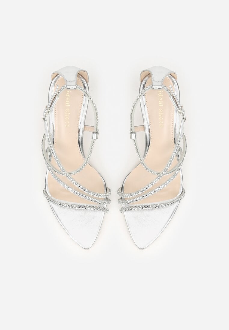 Srebrne Sandały na Szpilce Ozdobione Cyrkoniami Thelmia