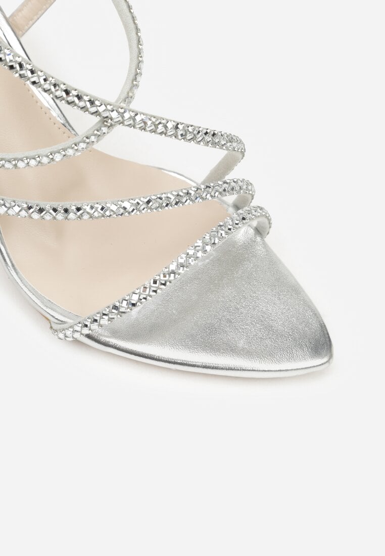 Srebrne Sandały na Szpilce Ozdobione Cyrkoniami Thelmia