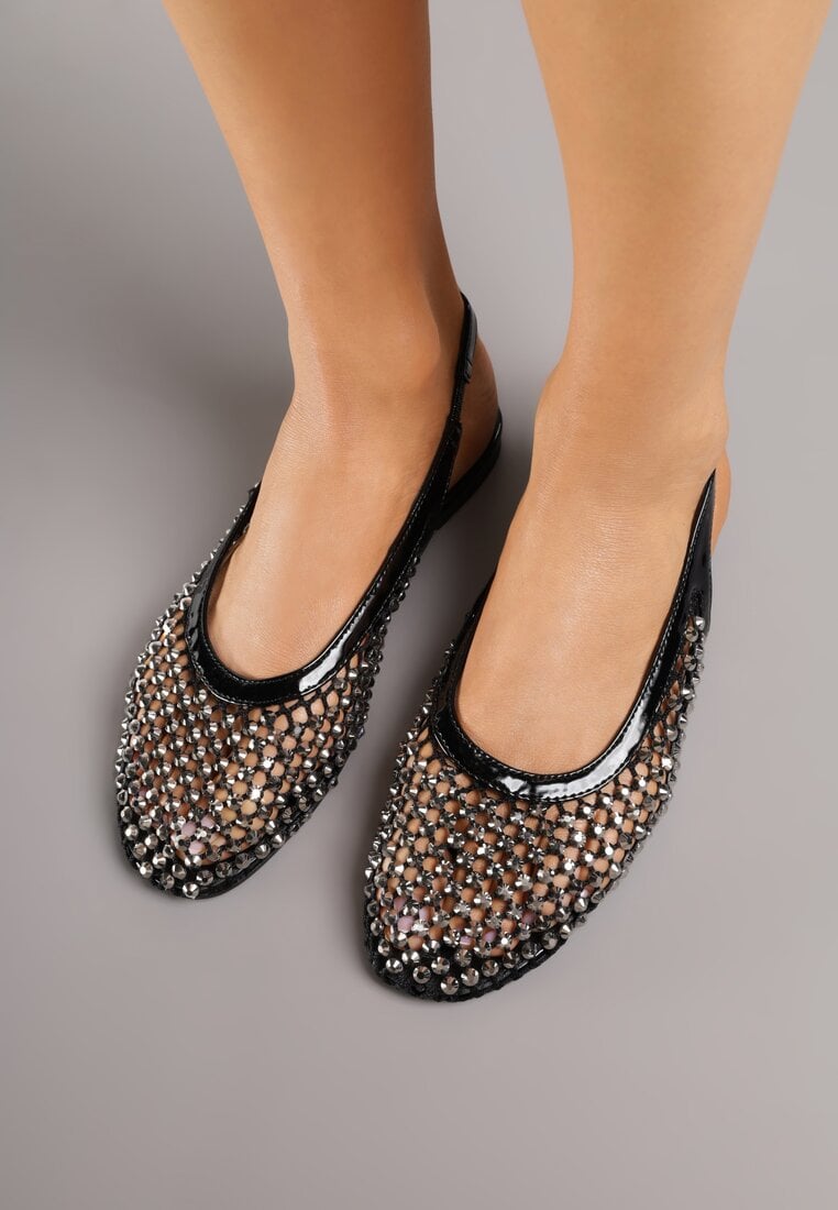 Czarne Lakierowane Sandały Ozdobione Cyrkoniami Caiwenys