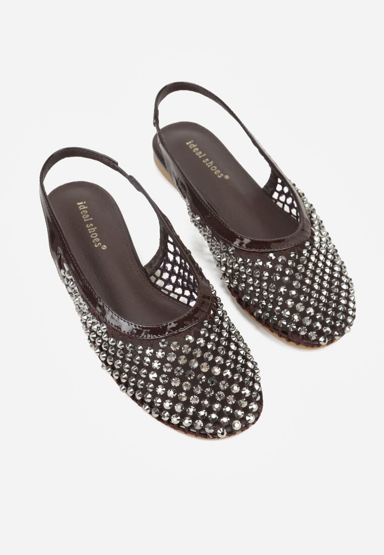 Brązowe Lakierowane Sandały Ozdobione Cyrkoniami Caiwenys