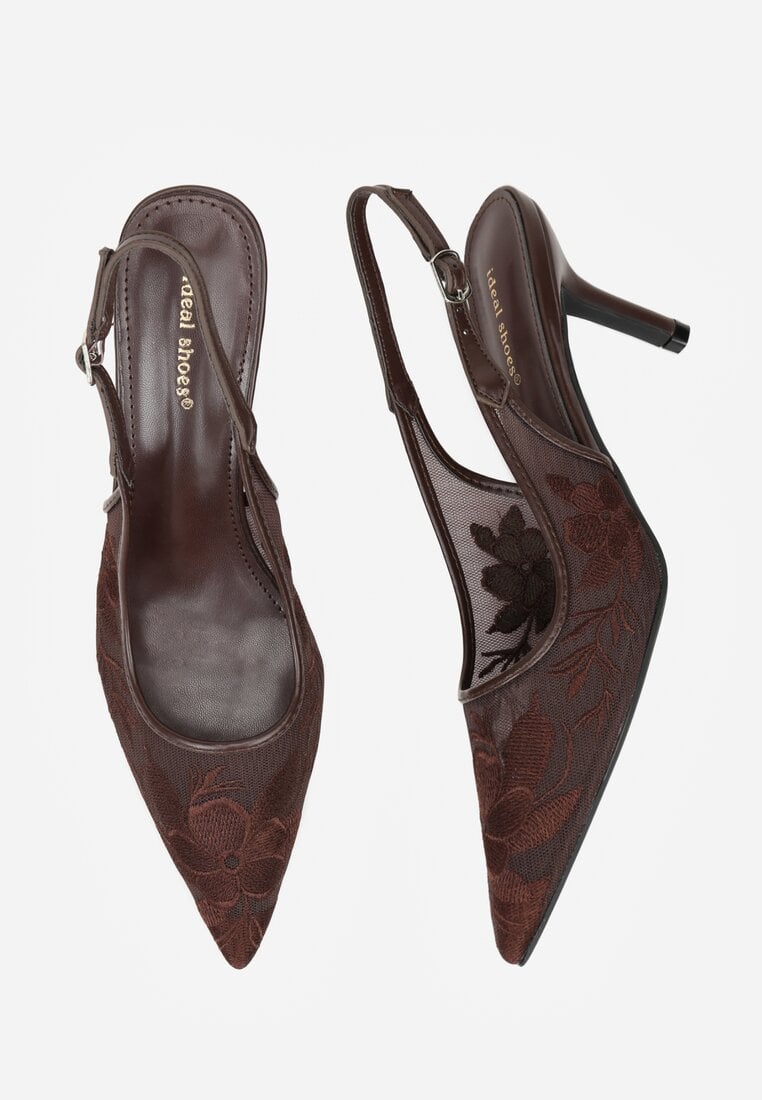 Brązowe Sandały na Szpilce z Haftowanym Wzorem Iphiserris