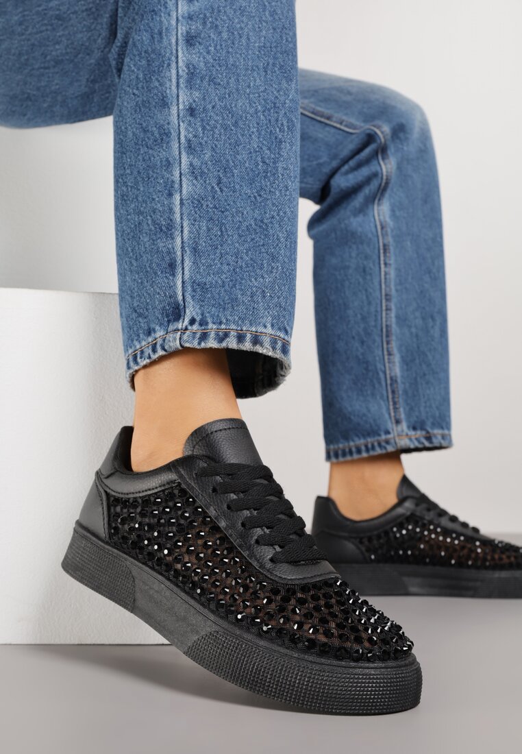 Czarne Sneakersy na Grubej Podeszwie Ozdobione Cyrkoniami Ilaronis