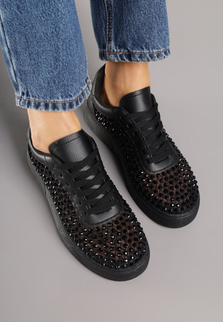 Czarne Sneakersy na Grubej Podeszwie Ozdobione Cyrkoniami Ilaronis