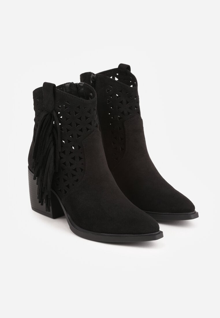 Czarne Botki Kowbojki na Stożkowym Obcasie z Ażurowym Wzorem i Eathetina