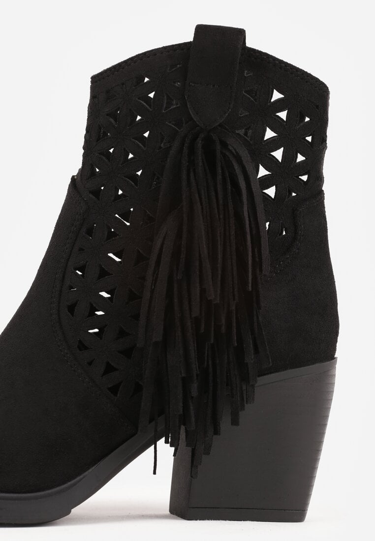 Czarne Botki Kowbojki na Stożkowym Obcasie z Ażurowym Wzorem i Eathetina