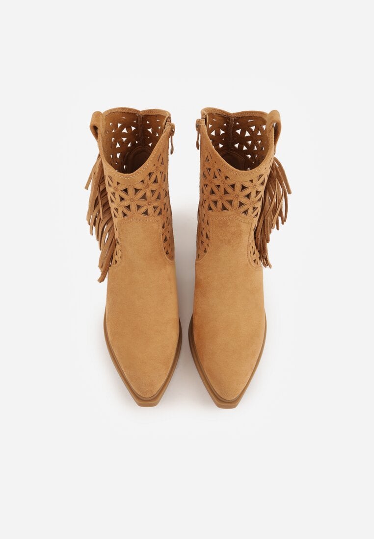 Brązowe Botki Kowbojki na Stożkowym Obcasie z Ażurowym Wzorem i Eathetina