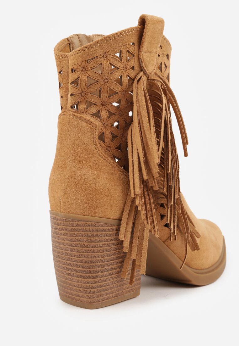 Brązowe Botki Kowbojki na Stożkowym Obcasie z Ażurowym Wzorem i Eathetina