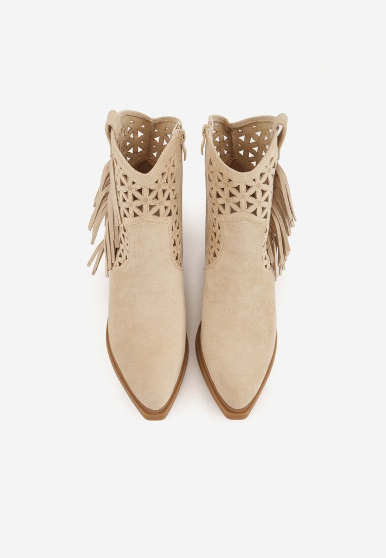 Beżowe Botki Kowbojki na Stożkowym Obcasie z Ażurowym Wzorem i Eathetina
