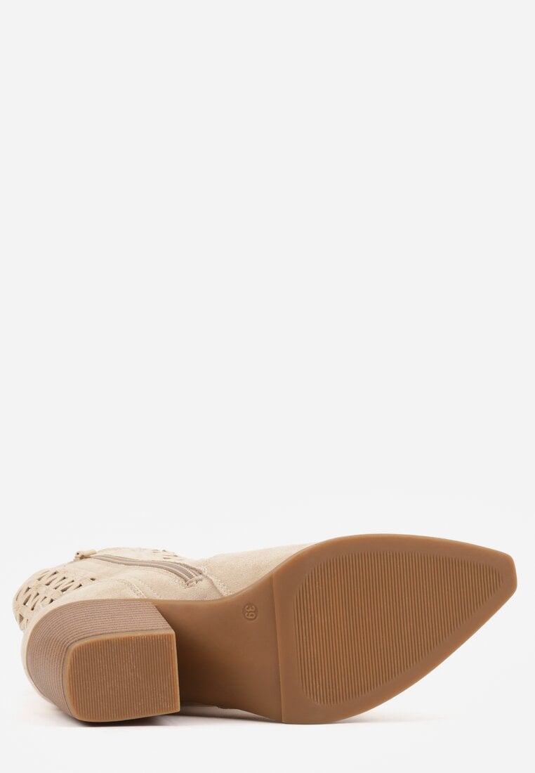 Beżowe Botki Kowbojki na Stożkowym Obcasie z Ażurowym Wzorem i Eathetina