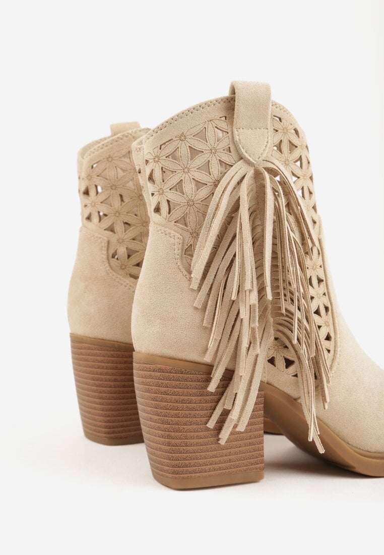 Beżowe Botki Kowbojki na Stożkowym Obcasie z Ażurowym Wzorem i Eathetina