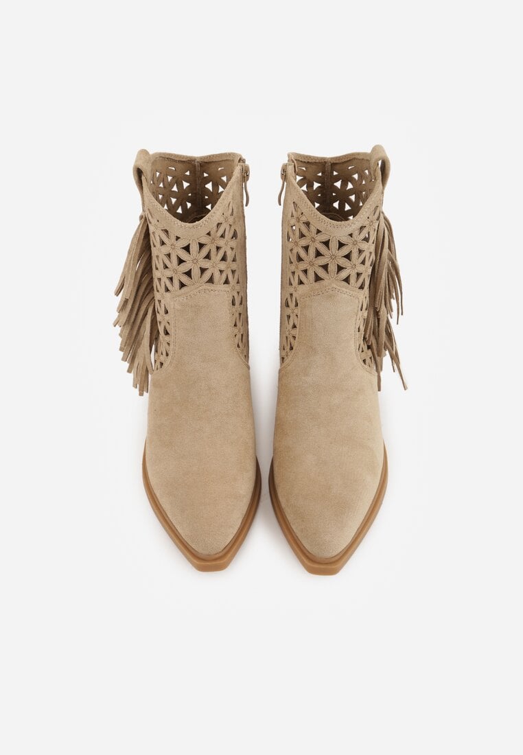 Ciemnobeżowe Botki Kowbojki na Stożkowym Obcasie z Ażurowym Wzorem i Eathetina