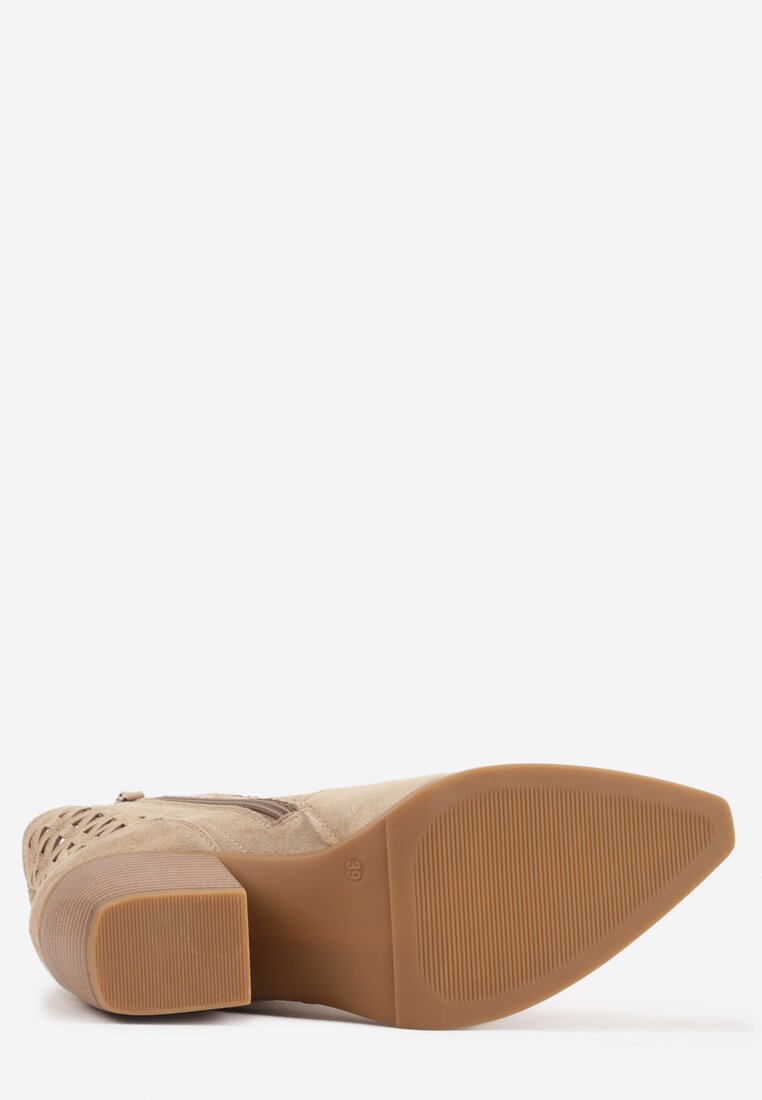 Ciemnobeżowe Botki Kowbojki na Stożkowym Obcasie z Ażurowym Wzorem i Eathetina