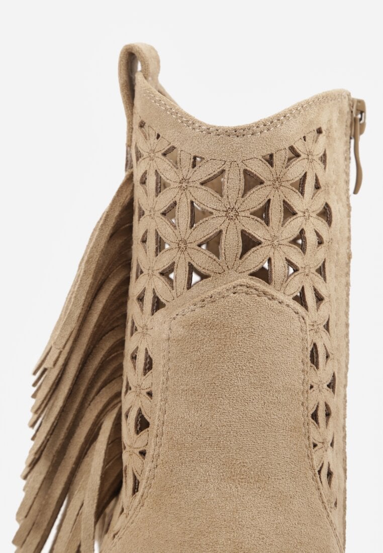 Ciemnobeżowe Botki Kowbojki na Stożkowym Obcasie z Ażurowym Wzorem i Eathetina